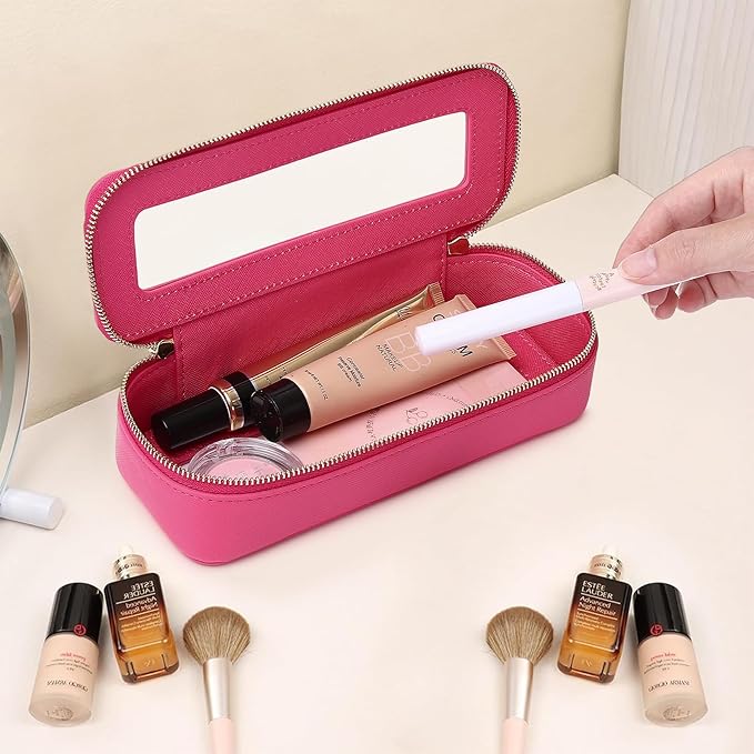 Pinkmik Makeup Brush Case Clear Travel Cosmetic & Toiletry Bag Small Makeup Bag with Zipper Purse Organizer Car Essential Bag for Women (X/Fuxia, SLIM)