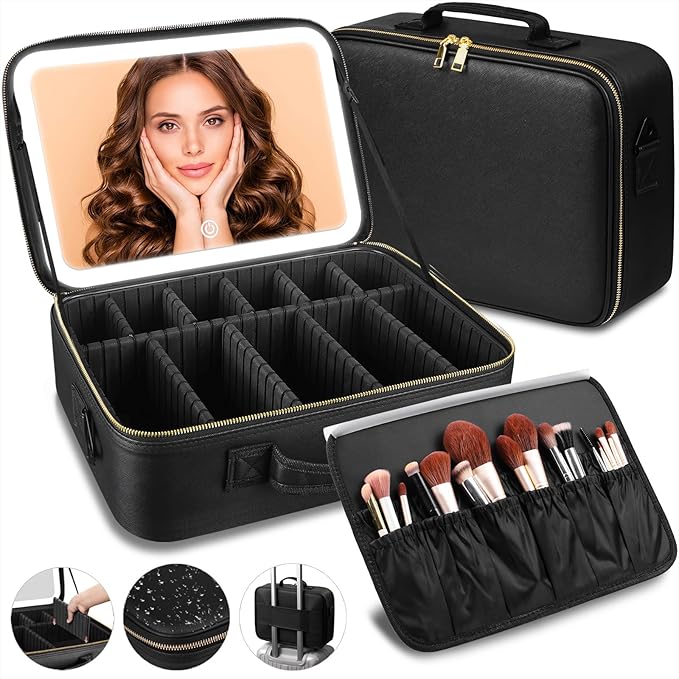 15“×11“Professional Makeup Train Case,Large Waterproof Travel Makeup bag with Mirror and Light, Leather Black Make up Bag with Mirror and Light,Led Makeup Case with Adjustable Dividers