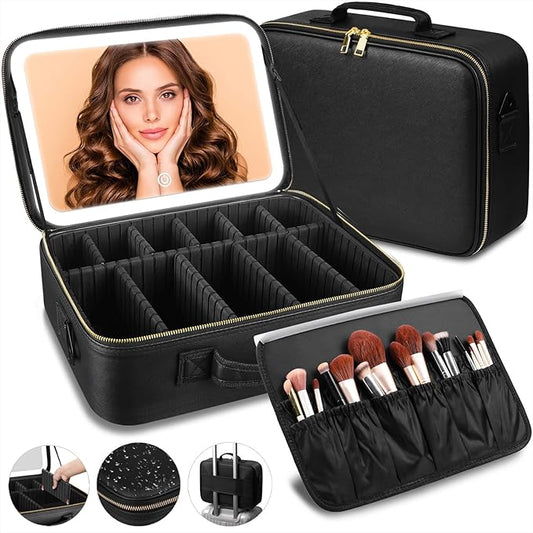 15“×11“Professional Makeup Train Case,Large Waterproof Travel Makeup bag with Mirror and Light, Leather Black Make up Bag with Mirror and Light,Led Makeup Case with Adjustable Dividers