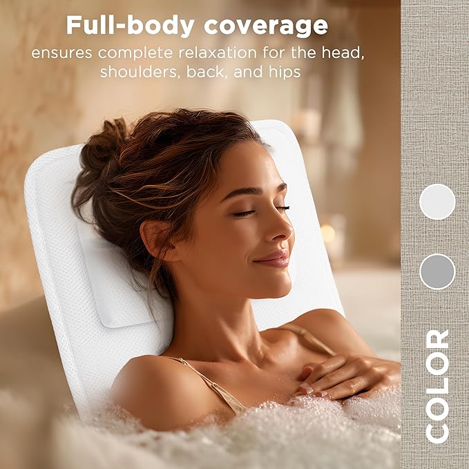 Full Body Bath Pillow for Tub, Extra Thick 4D Air Mesh & Quick-Dry Spa Pillow for Head Neck and Beck Support, Non-Slip Suction Cups Fits All Tubs - Luxury Bath Accessories for Relaxation (White)