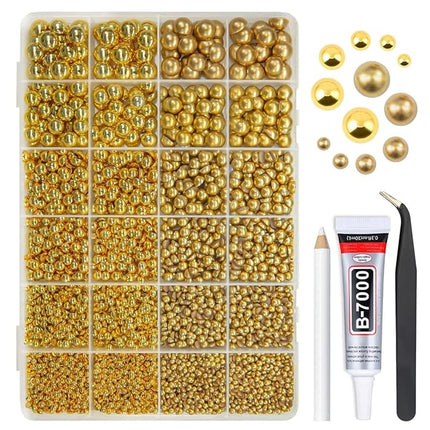 qiipii 2 Styles Gold Flatback Pearls w B7000 Glue for Bedazzling Crafting 3mm-10mm Half Round Gems Beads Stones Bedazzler Kit for Nails Face Eyes Makeup Tumblers Bottles DIY Crafts Scrapbooking Shoes