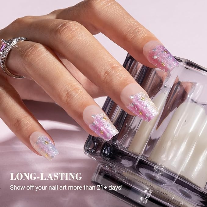 MelodySusie Semi Cured Gel Nail Strips, 20 PCS Gel Nail Stickers, UV Light Required, Durable & Salon Quality (Mermaid, Pink, Glitter, Letter Print)