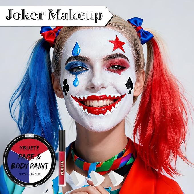 Halloween White Blue Red Face Painting Kit For Joker & USA Flag Makeup, Body Paint for 4th of July Pride Independence Day, Cosplay, Costume, Theme Parties and SFX Special Effect