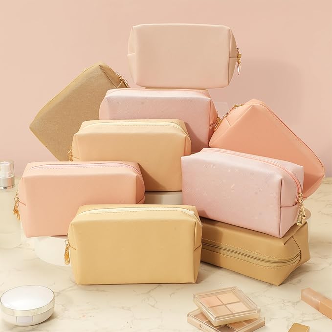 Sanwuta 9 Pcs Makeup Bags Bulk PU Double Zippers Cosmetic Bag Makeup Toiletry Pouch Portable Travel Organizers Case for Women Bachelorette Party End of The Year Bridesmaid Gift(Pink Brown Series)