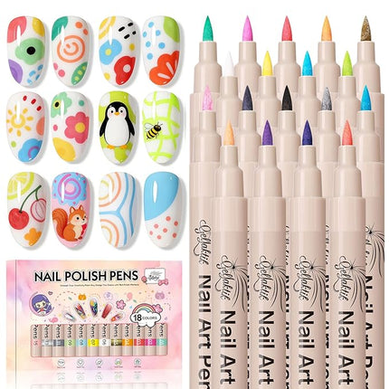 GELLAKTIK 18 Colors Nail Art Pens Set, 3D Nail Polish Pens Quick-Drying Acrylic Paint Markers, Dotting Liner Brush for DIY Nail Design, Home & Salon Manicure Tools