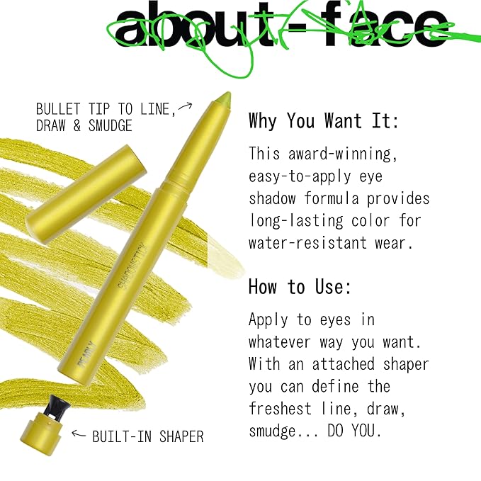 about-face Shadowstick – Long-Wear Cream Eyeshadow Stick – Matte & Pearly Finishes – Vegan, Cruelty-Free, Clean Beauty – 0.049 oz (Acidic- Pearly Chartreuse)