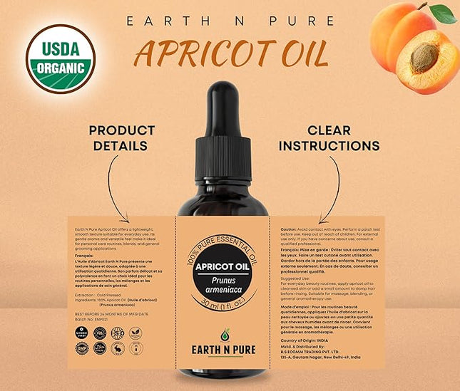 Earth N Pure Apricot Oil (Khumani Oil) Cold Pressed, Natural and Therapeutic Grade 30 ml
