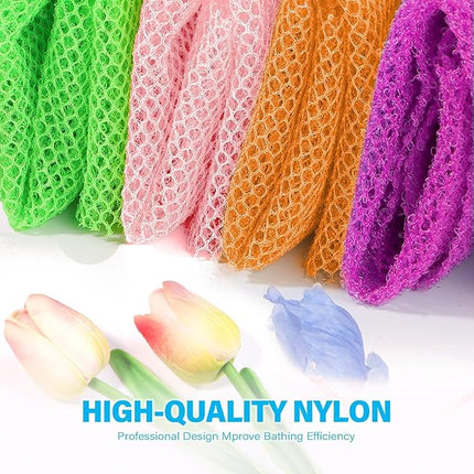 UJFQBH 4 Pieces African Net Sponge African Net Long Net Bath Sponge Exfoliating Shower Body Scrubber Back Scrubber Skin Smoother,Great for Daily Use (Purple, Orange, Green, Pink)
