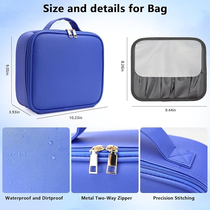 Travel Makeup Bag with LED Mirror Travel Makeup Organizer with 3 Lighted Settings, Adjustable Dividers and Makeup Brush Storage Bag Dark Blue