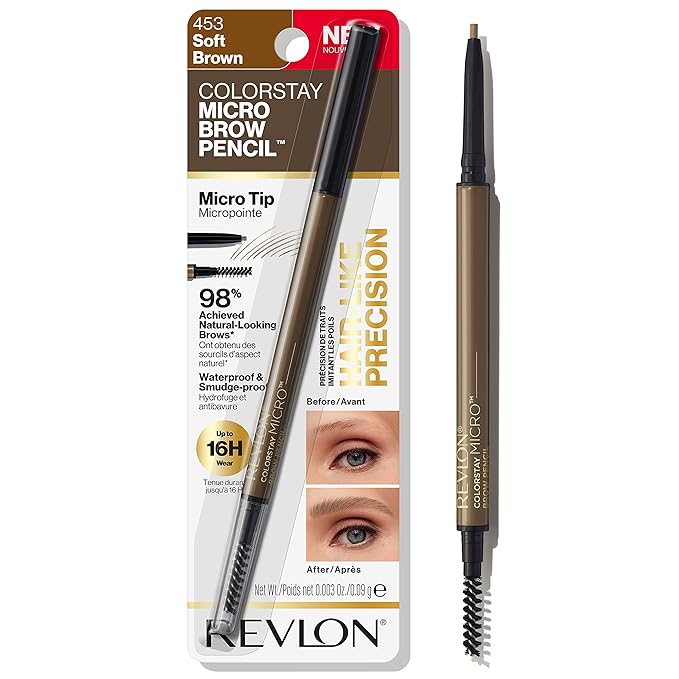 Revlon ColorStay Micro Eyebrow Pencil with Built In Spoolie Brush, Infused with Argan and Marula Oil, Waterproof, Smudgeproof, 453 Soft Brown, 0.003 oz