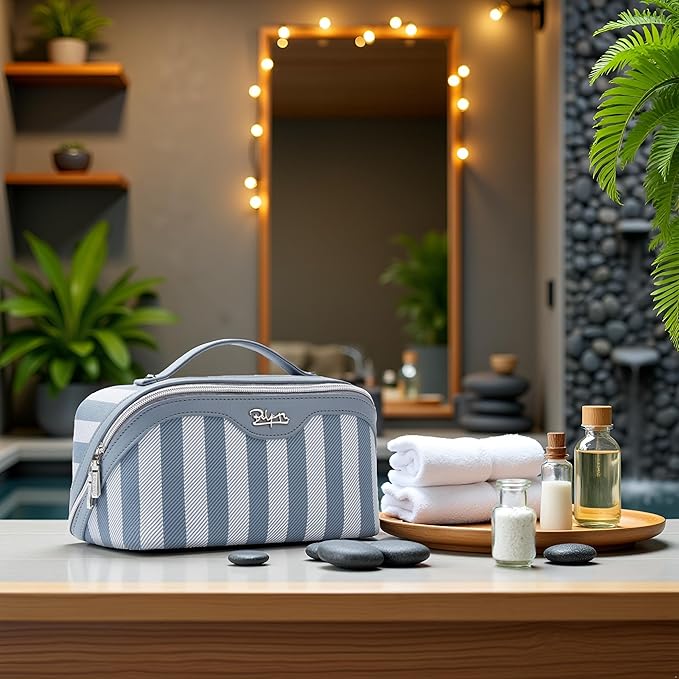 BOYATU Travel Makeup Bag for Women: Large Cosmetic Bag Set of 3 - PU Leather Make up Bag with Compartments - Compact Waterproof Toiletry Bag with Divider & Handle (A-02Blue)