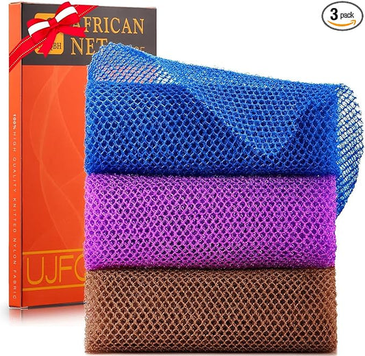 UJFQBH 3 Pieces African Bath Sponge African Net Long Net Bath Sponge Exfoliating Shower Body Scrubber Back Scrubber Skin Smoother,Great for Daily Use (Brown, Blue, Purple)