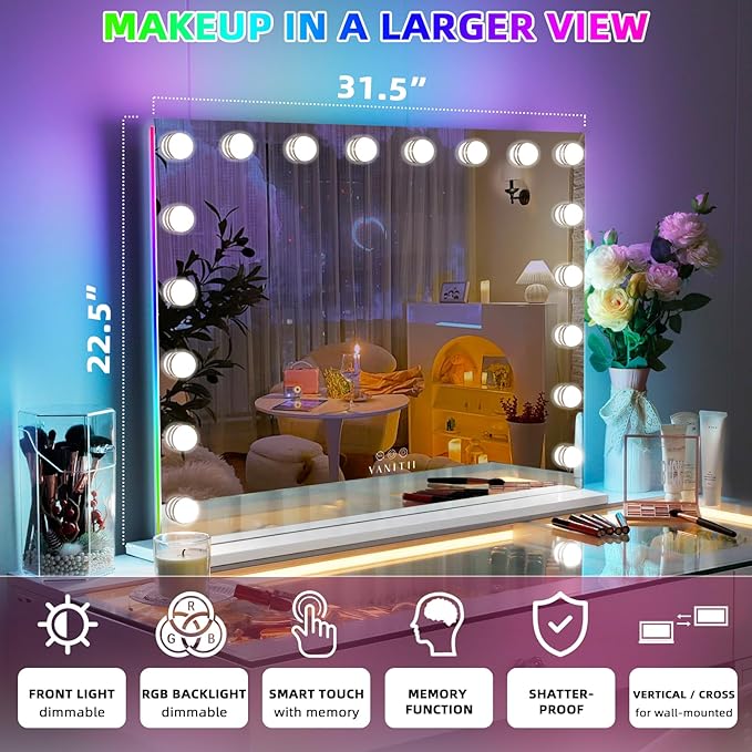 VANITII Vanity Mirror with RGB Lights 32"x23" Hollywood Makeup Mirror with 18 Dimmable Bulbs Lighted Vanity Mirror with Smart Touch for Bedroom Dressing Room