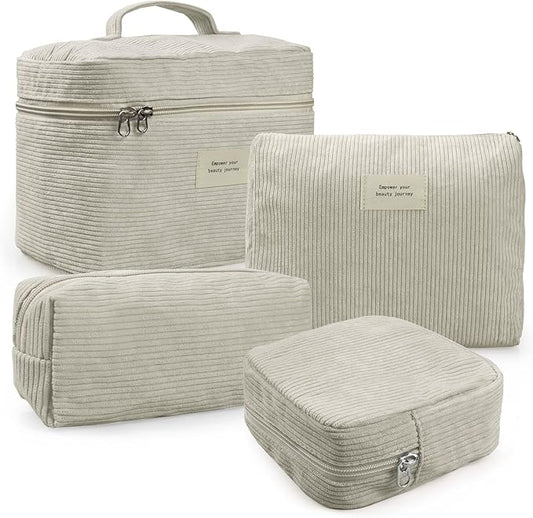 4 Pcs Makeup Bag for Women Corduroy Cosmetic Bag Aesthetic Cute Bags Multi Size Purse Pouch Travel Toiletry Bag Set Makeup Organizer with Zipper(Beige)
