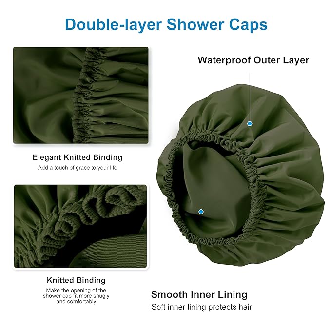 Shower Cap for Women, Double Layer Waterproof Bath Cap, Reusable Hair Protector, Large Waterproof Shower Bonnet Washable Elastic Band Bath Hair Hat for Long Hair, Braids， - Dark Green
