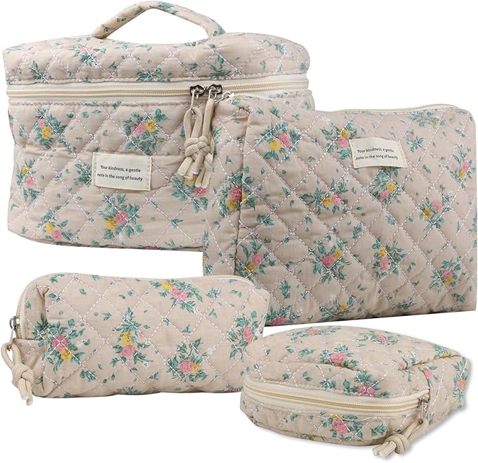 VIWIME Makeup Cosmetic Bag, Large Cotton Quilted Travel Coquette Aesthetic Cute Floral Make up Bag for Women Toiletry Bag Organizer(Yellow&Red Rose/4Pcs)
