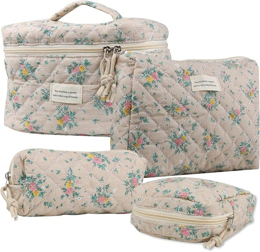 VIWIME Makeup Cosmetic Bag, Large Cotton Quilted Travel Coquette Aesthetic Cute Floral Make up Bag for Women Toiletry Bag Organizer(Yellow&Red Rose/4Pcs)