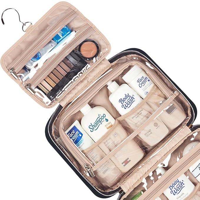 NISHEL Travel Toiletry Bag for women, Portable Hanging Organizer for Family-Sized Shampoo, Conditioner, Brushes Set, Makeup Accessories, Extra Large Size, Black