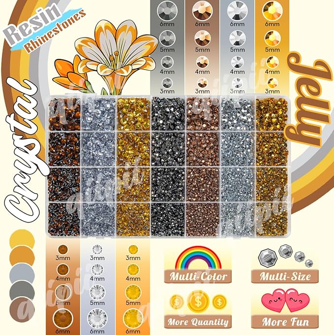 28 Types Golden Silver Copper Jelly Resin Rhinestones w B7000 Jewelry Glue for Bedazzling Crafting 3-6mm Flatback Colorful Metallic Stones Gems Diamonds for Face Eyes Makeup DIY Crafts Tumblers