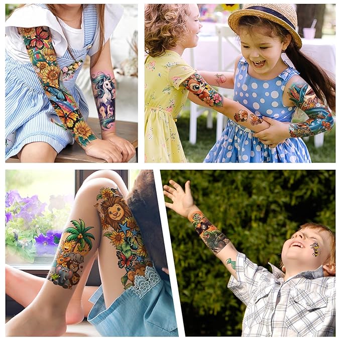 52 Sheets Temporary Tattoos for Kids, Full Arm Sleeve Fake Tattoos for Boys Girls Birthday Party Favors, Waterproof Tattoos with Unicorn Lion Tiger Shark Butterfly Dinosaurs Patterns