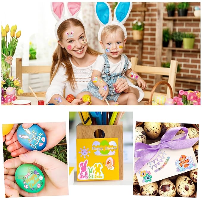 Metuu Easter Temporary Tattoos For Easter Basket Stuffers, 95 Pcs Foil Glitter Style Fake Tattoos For Easter Party Decorations, 4 Sheets Bunny Egg Butterfly Colorful Tattoos for Kids Adults