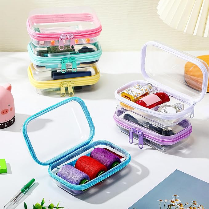 Sanwuta 6 Pcs Clear Hard Zipper Case Pencil Pouches Hard Plastic Zipper Pouches Makeup Bag Transparent Cases for Snacks Plastic Storage Organizer Box for Travel (Colorful,5 x 3 x 2 Inch)