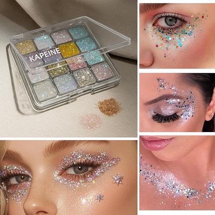 K'APEINE Eyeshadow Palette, 16 Colors Glitter Eyeshadow Chunky Pressed Sparkle Eye Shadow Powder Makeup Pallet Ultra Shimmer Makeup Kit Highly Pigmented Long Lasting Waterproof for Face Body
