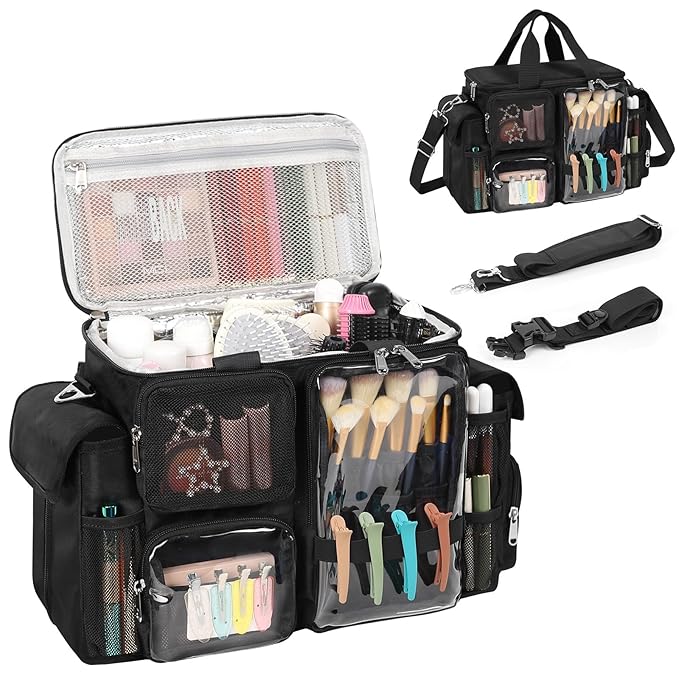 Hairstylist Travel Bag, Hair Tool Organizer with Adjustable Dividers, Hair Tools Travel Bag with Multi Pockets, Professional Hairdressing Organizer for Makeup Artists with Shoulder & Waist Straps