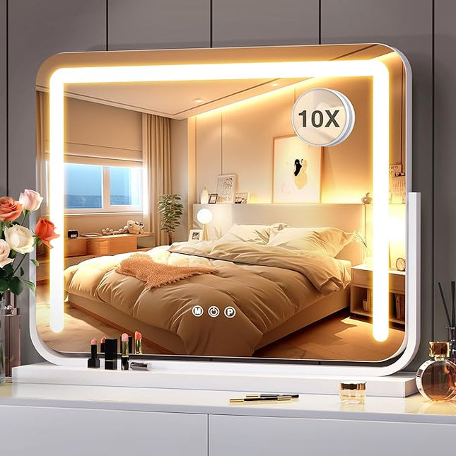 Vanity Mirror with Lights 21"×15.7" LED Makeup Mirror,Dimmable Smart Touch Control Mirror with Lights for Bedroom Tabletop, 360° Rotation,Vanity Mirror Square White,Ideal Gifts for Her