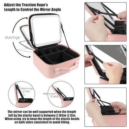 MOMIRA Makeup Train Case with Light & Mirror Large Cosmetic Organizer with Adjustable Dividers for Cosmetics,10X Magnifying Makeup Mirror,Pink
