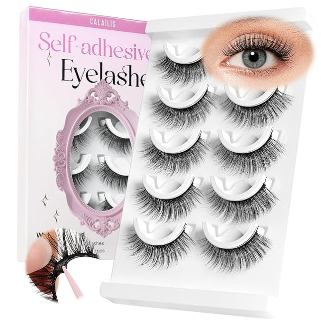 CALAILIS Self Adhesive Eyelashes 5 Pairs Natural Look Press On Lashes No Glue Need Eyelashes Reusable Wispy Self-adhesive False Lashes with Replacement Adhesive Strips (B02)