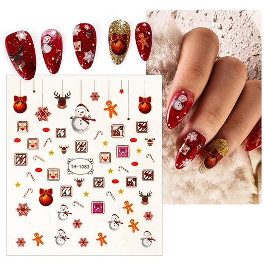 Melodysusie 5PCS Christmas Nail Art Stickers for Semi Cured Gel Nail Strips with3D Self-Adhesive Nail Decals Designs Nail Decorations DIY Manicure Supplies for Women Girls&Kids