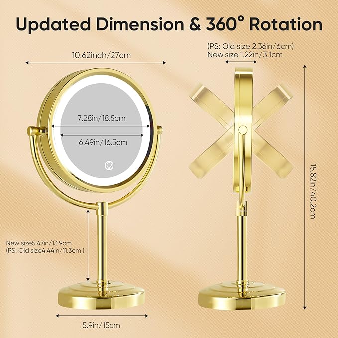 GURUN 8.5 Inch Rechargeable LED Lighted Tabletop Makeup Mirror with 10x Magnification Dimmable 3 Colors Touch Control 4500mAh Double Sided Gold Finish 2208D-T(10x, Gold)