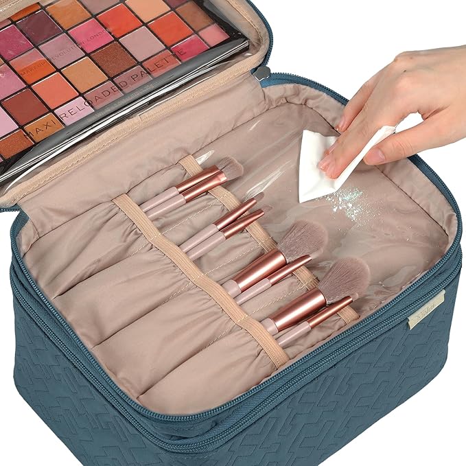 NISHEL Large Double Layer Travel Makeup Bag Women, Cosmetic Case, Organizer for Travel-Size Accessories Bottles, Brushes, Conditioner, and Skin Care Products, Lake Blue
