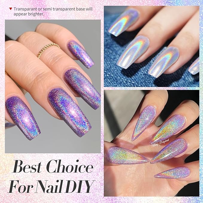 Born Pretty Holographic Nail Powder Fine Rainbow Iridescent Holographic Effect Multi Chrome Manicure Pigment Glitter Dust for Salon Home Nail Art DIY Design