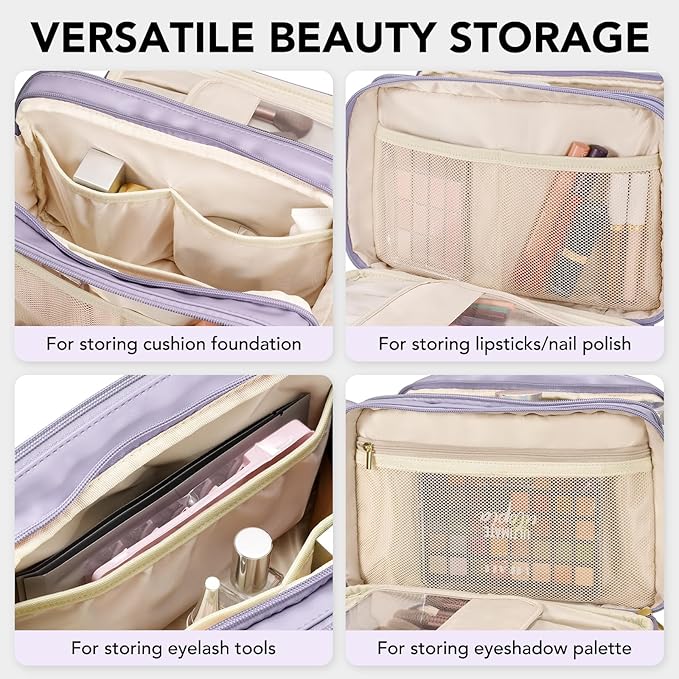 Travel Makeup Bag Women's Large Capacity Cosmetic Portable Organizer Large Opening Waterproof Storage Toiletry Bags Vertical Free-Standing Brush Holder for Easy Access Purple