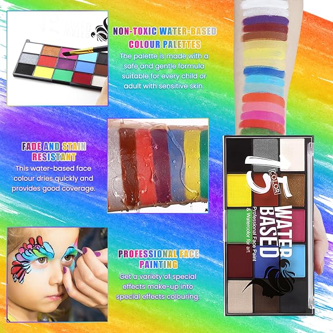 Face Painting Kit for Kids Adults, Water Activated Body Face Paint, 15 Colors Water Based Facepaints Fx Makeup Palette ,Non Toxic Hypoallergenic Safe Facepaint for Halloween Party Birthday Cosplay