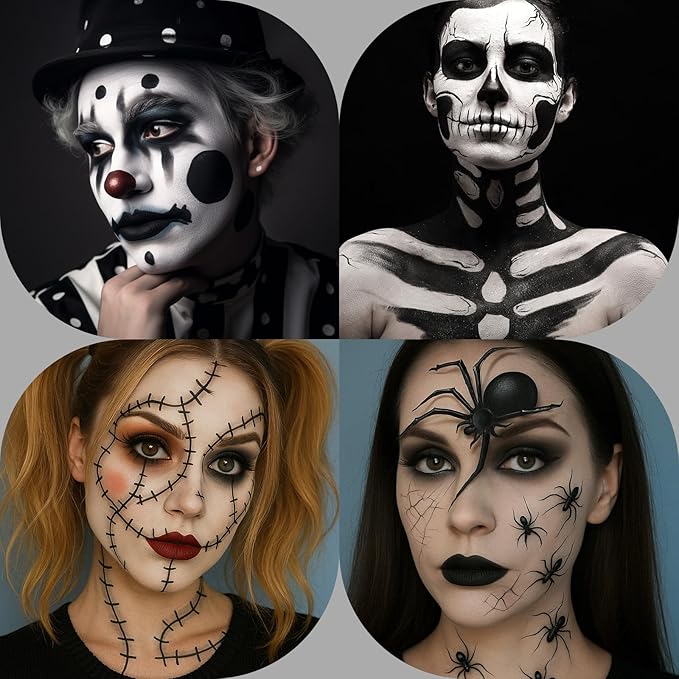 BOBISUKA Black Face Body Paint, Water-Based Face Painting Kit & Body Paints, Kids Adults Facepaint for Halloween Clown Goth Skeleton Skull SFX Makeup, Costume Cosplay Party Art Theater & Stage