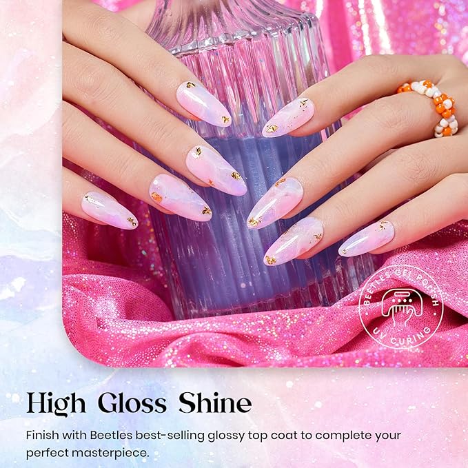 Beetles Shimmer Gel Nail Polish Set - 6 Colors Purple Glitter Blue Green Mermaid Pastel Nail Gel Drawing Soak Off Uv Led Needed with Pastel Sticker