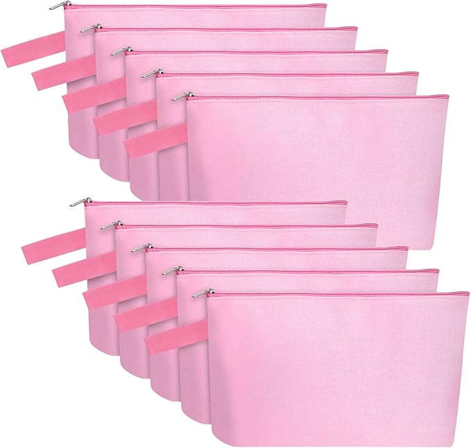 10 Pieces Cotton Canvas Makeup Bag with Bottom and Strap, Multi-Purpose Cosmetic Bag with Zipper Travel Toiletry Pouch, Blank DIY Craft Bag Pencil Bag (Pink, M) (MN-WB07)