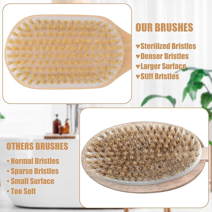 OWIIZI Back Scrubber for Shower,Stiff Boar Bristles Wooden Curved Long Handle Antiskid Body Bath Brush for Back Use Wet or Dry,Deep Cleanse Large Surface Back Scrub Brush