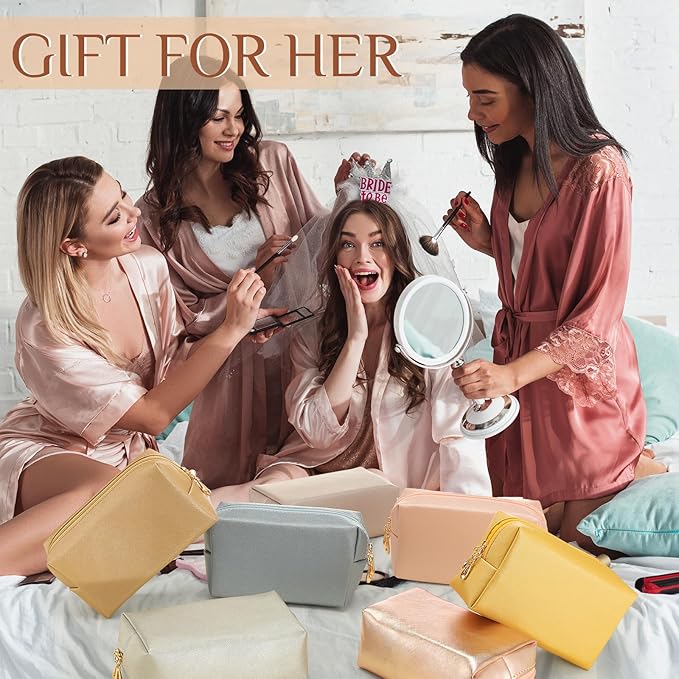 Sanwuta 9 Pcs Makeup Bags Bulk PU Double Zippers Cosmetic Bag Makeup Toiletry Pouch Portable Travel Organizers Case for Women Bachelorette Party End of The Year Bridesmaid Gift(Pearl Color)