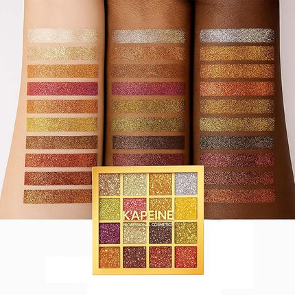 K'APEINE Gold Glitter Eyeshadow Palette, 16Colors Fine Pressed Sparkle Eye Shadow Metallic Glitter Powder Makeup Pallet Ultra Shimmer Makeup Kit Highly Pigmented Long Lasting Waterproof for Face Body