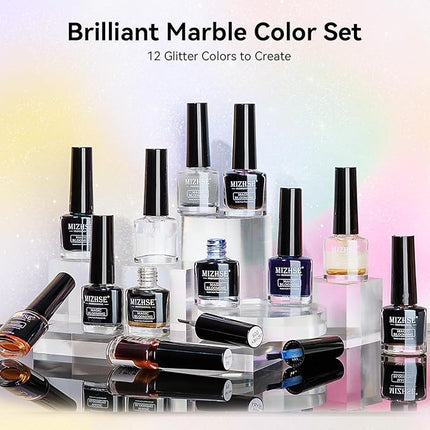 MIZHSE Marble Nail Polish Set, 12 Colors Marble Ink for Nails Glitter Effect Nail Ink Blooming Gel Watercolor Nail Polish for Nail Art Design Manicure at Home