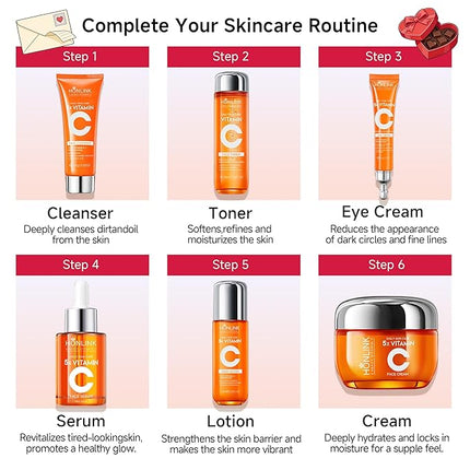 Glown 6-Piece Hydrating Skincare Set with Vitamin C & Niacinamide,Complete Face & Body Care Kit with Cleanser,Toner,Serum,Moisturizer,Eye Cream & Body Lotion | Valentine’s Day Skincare Gift for Women