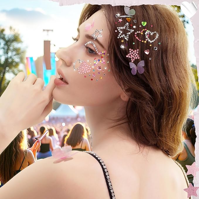 YGDZ Face Jewels, Face Gems Self Adhesive Rhinestones Stickers, Star Hair Gems, Butterfly, Heart Festival Face Stickers for Kids, Women, Y2K Rave Accessories