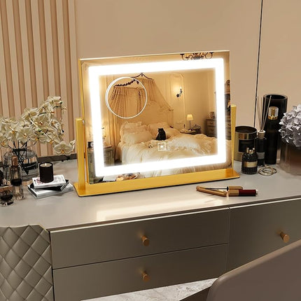 ROLOVE Gold Vanity Mirror with Lights 14x11 Inch, Lighted Makeup Mirror, Smart Touch 3 Colors Dimmable, 10X Magnification, Dresser Mount, Modern Style
