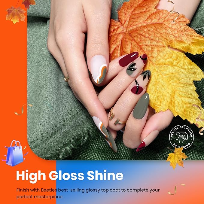 Beetles Fall Gel Nail Polish Set 6Pcs Brown Green Yellow Burgundy Orange Glitter Gel Polish Nails Art Soak off Uv LED Manicure Gift Set Golden Season Collection 2025 Nail Trend Gift for Women