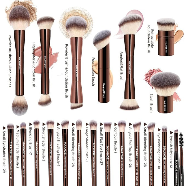 MAANGE 20 Pcs Makeup Brushes with Gift Box, Double-End Multi-functional Makeup Brushes for Blending Liquid Powder Concealer Cream Blush Buffe,CoffeeBrown