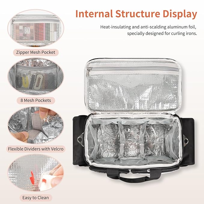 Hairstylist Travel Bag, Hair Tool Organizer with Adjustable Dividers, Hair Tools Travel Bag with Multi Pockets, Professional Hairdressing Organizer for Makeup Artists with Shoulder & Waist Straps